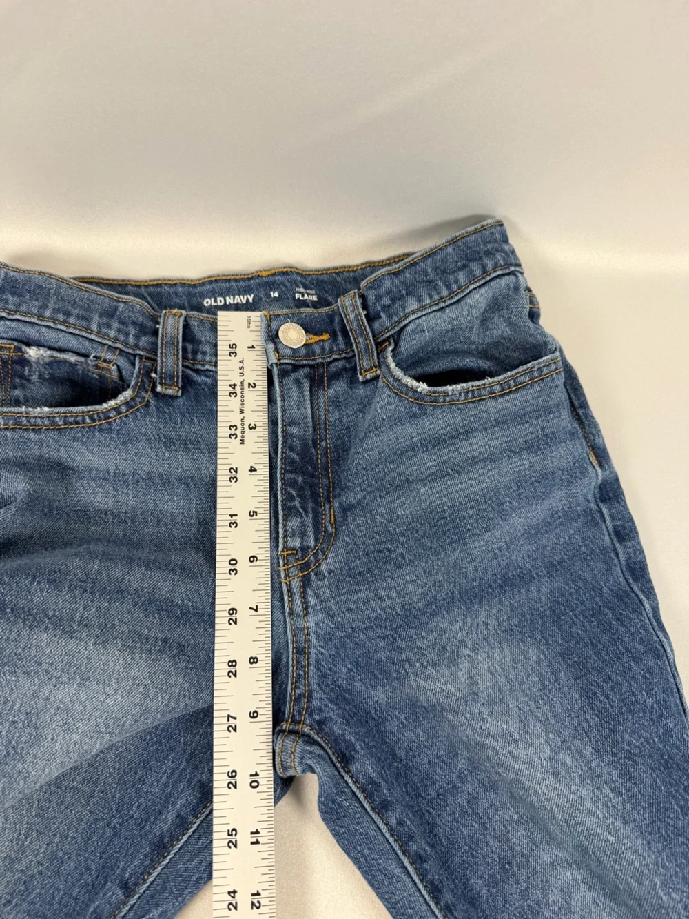 Old Navy Girls High‑Rise Flare Jeans | Size 14 | Distressed Knees | Blue Denim